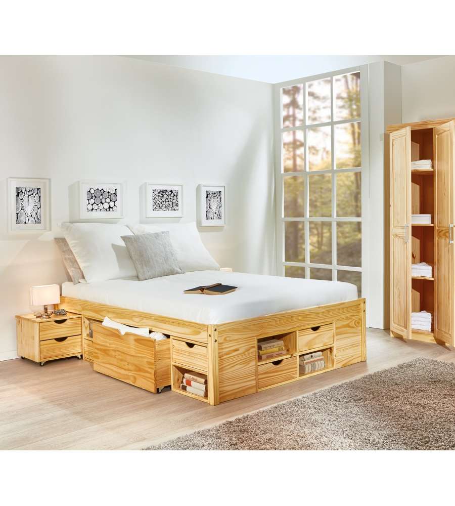 Claas Letto in Pino Massello Naturale 140x200 con Contenitore e Comodino