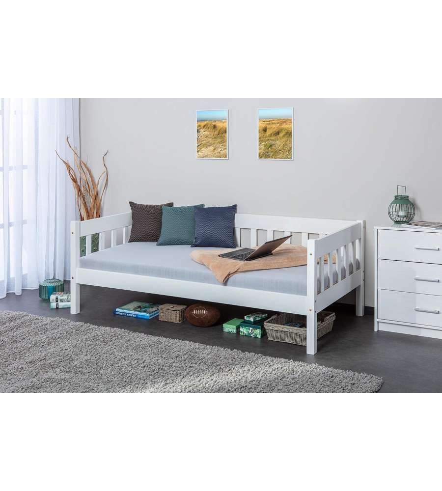 Sintro Divano Letto Singolo 90x200 in Pino Massello Bianco - Rete a Doghe Inclusa