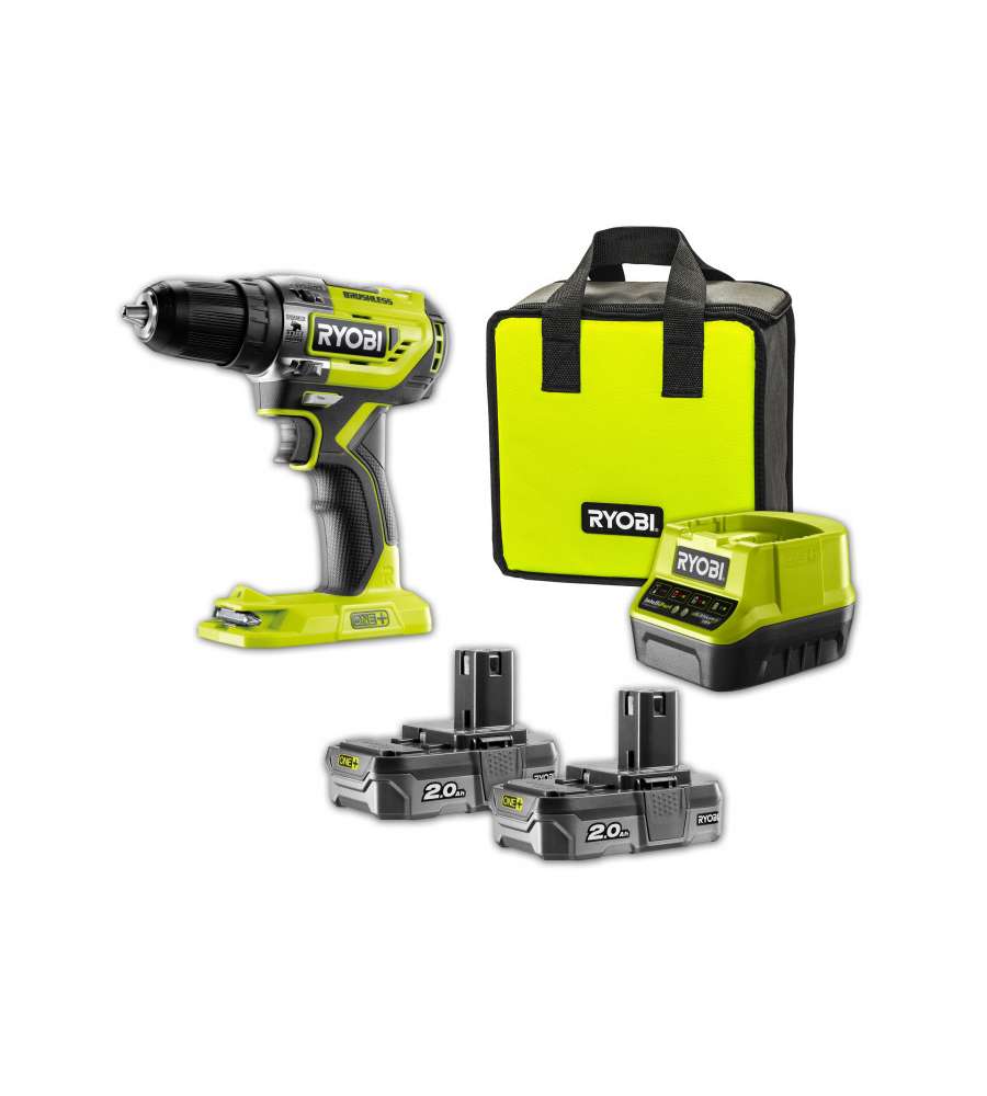 Trapano Avvitatore a Percussione Brushless con mandrino autoserrante e 2 velocit 18V + 2 batterie 2,0Ah Ryobi