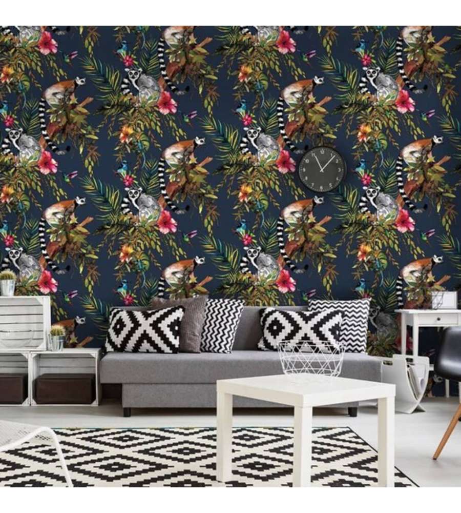 DUTCH WALLCOVERINGS Carta da Parati Motivo Lemure Blu Petrolio