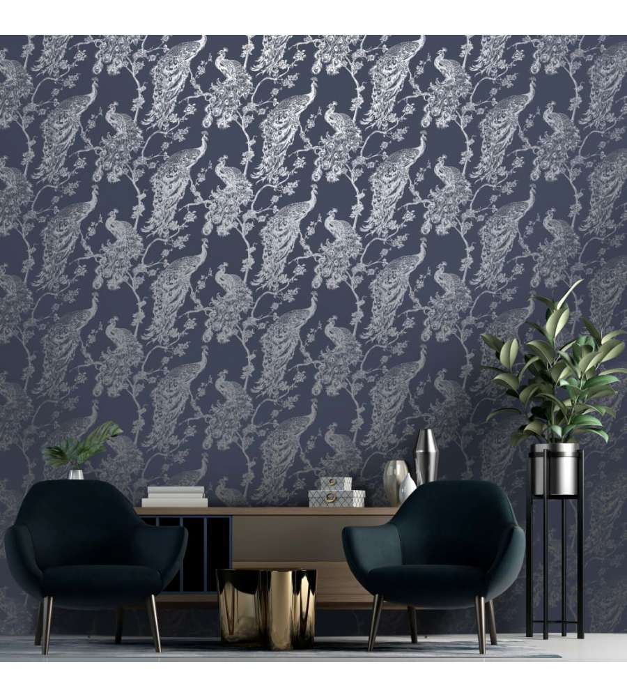 DUTCH WALLCOVERINGS Carta da Parati Pavone Blu Marino e Argento