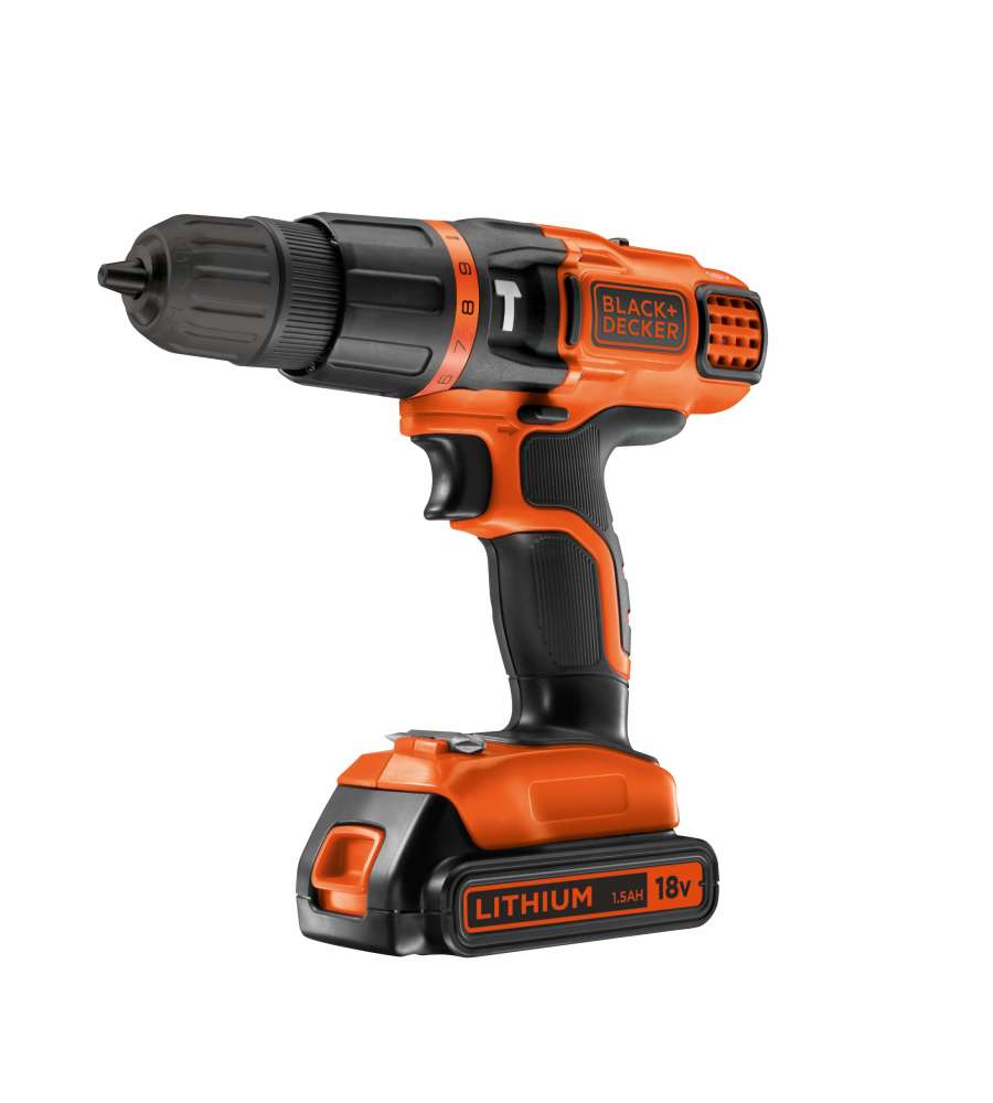 Trapano Avvitatore a Percussione Black+Decker 18V 18 V con 2 Batterie Litio 1,5 Ah