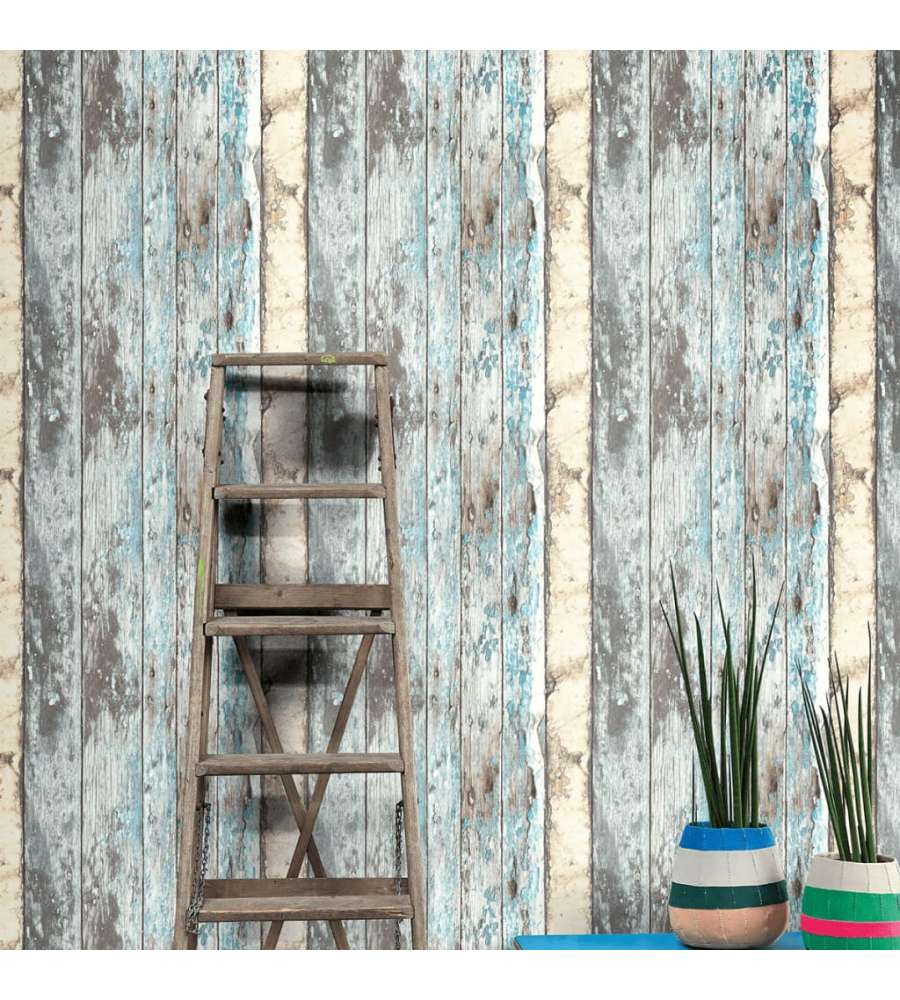 DUTCH WALLCOVERINGS Carta da Parati Motivo Legno di Scarto Blu PE10012