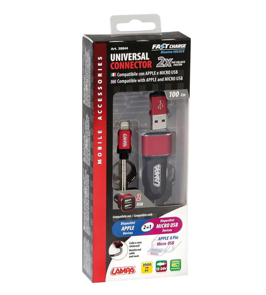 Kit 2 in 1 caricabatteria auto + cavo 1 m