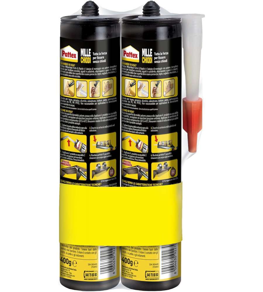 Pattex Millechiodi Forte e Rapido - Colla Senza Solventi, 2 Cartucce 400g