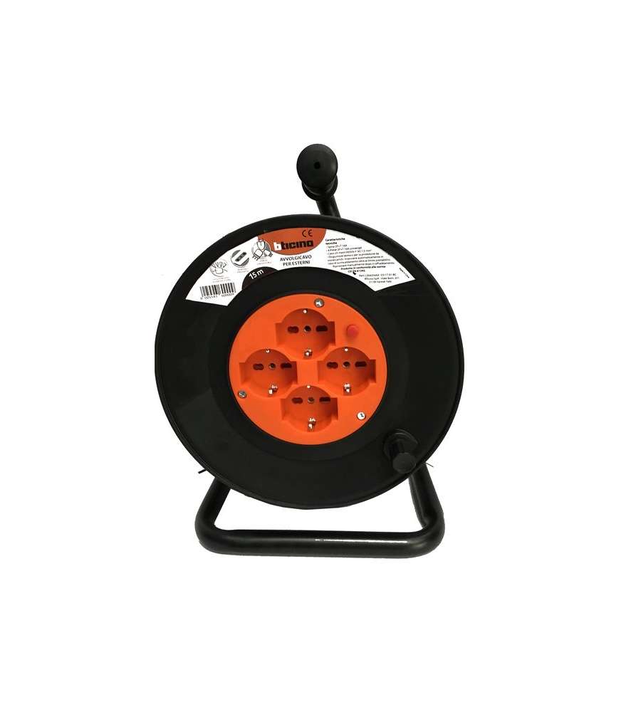 Bticino Avvolgicavo Arancio/Nero 15m con 4 Prese e Disgiuntore Automatico
