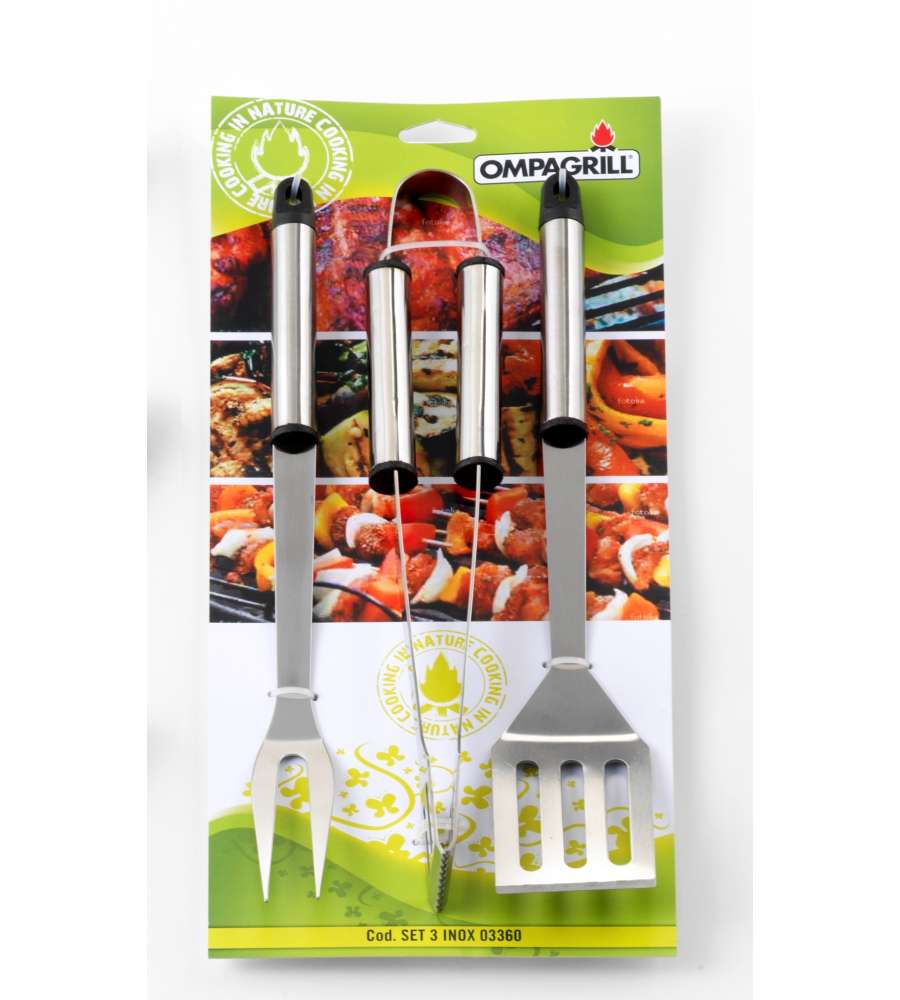 Set Accessori Barbecue - Pinza, Paletta, Forchettone Acciaio Inox 36 cm