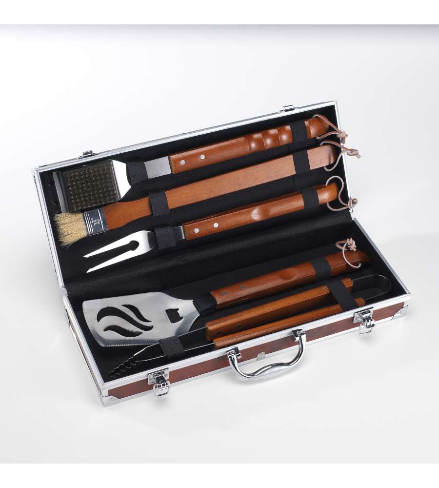Set Accessori Barbecue - Valigetta Radica con Utensili in Acciaio 43 cm