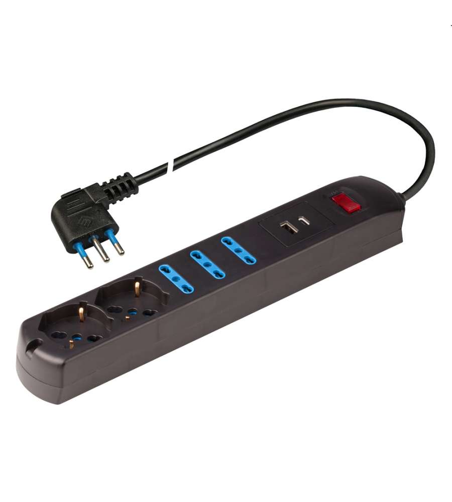 Presa multipla 250V - 3 prese grandi + 2 pluristandard - 1,5 metri Nero