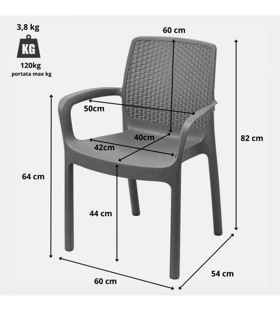 Sedia da Giardino Impilabile Effetto Rattan Antracite Regina - 61x54x82 cm - Ipae Progarden