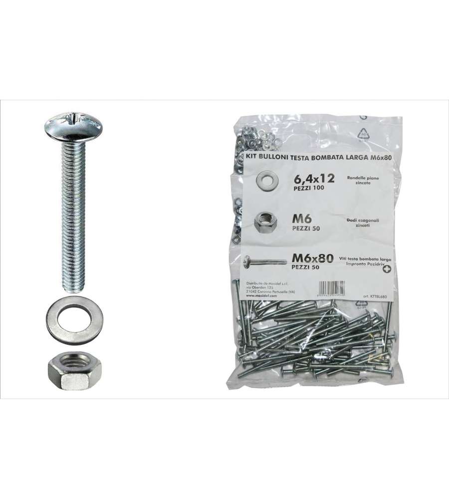 Kit viti testa bombata larga Diam. 6 x 80 + dadi + rondelle - 200 pz.