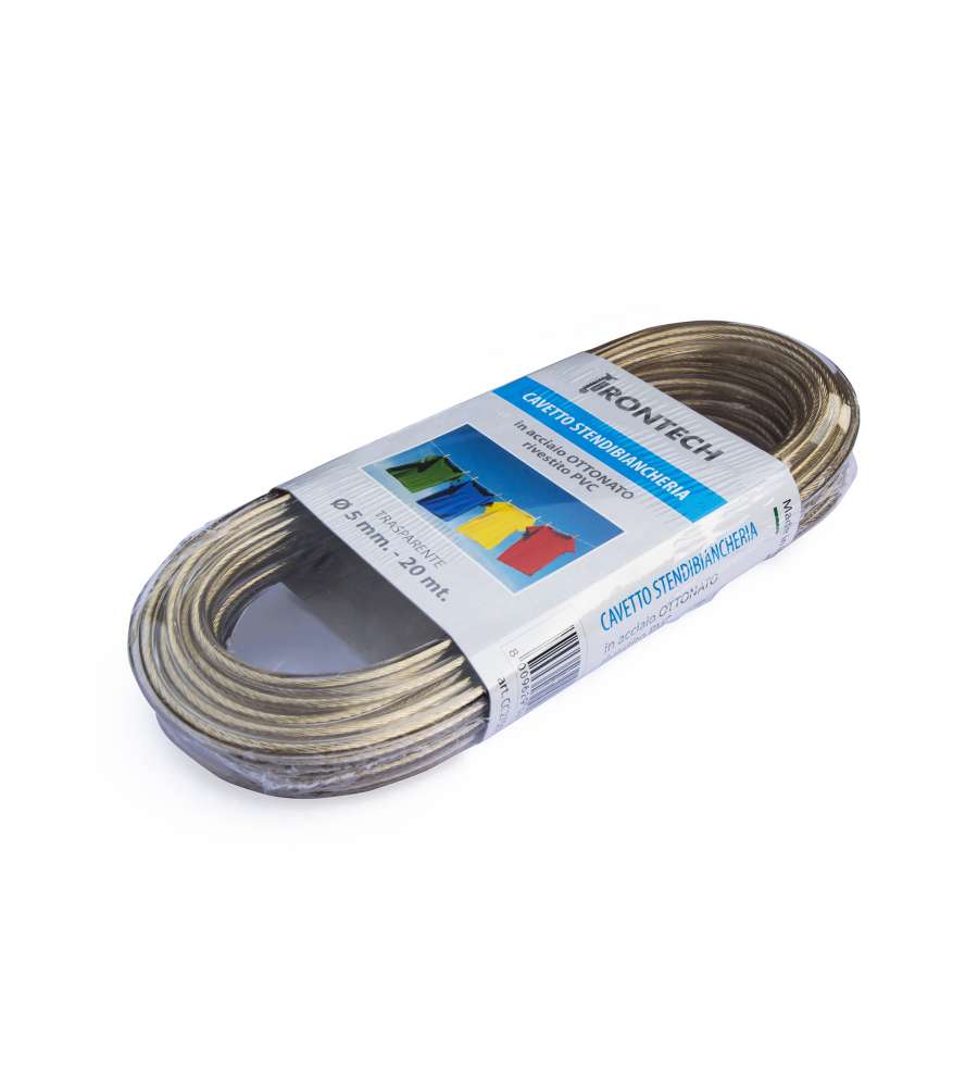 Cavo stendibiancheria Diam. 5 mm. in acciaio ottonato rivestito PVC trasparente 20 mt.