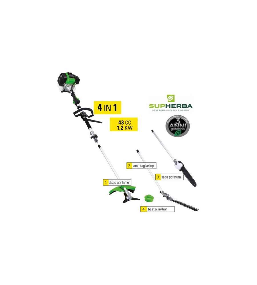 Supherba Decespugliatore Multifunzione 4in1 SH43F 43cc - Accensione Elettronica, Lama Tagliasiepi, Motosega, Testina - Antivibrante, Impugnatura Chiusa