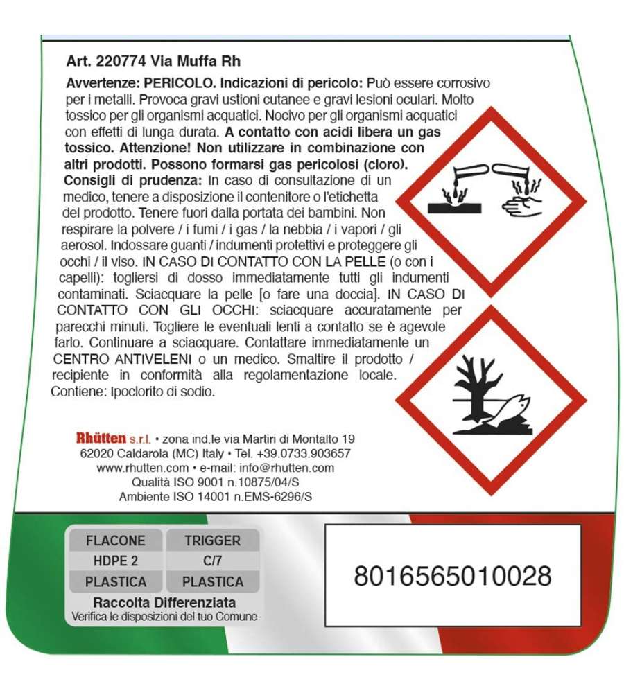 Rhutten Detergente Via Muffa - Azione Rapida - 750 ml