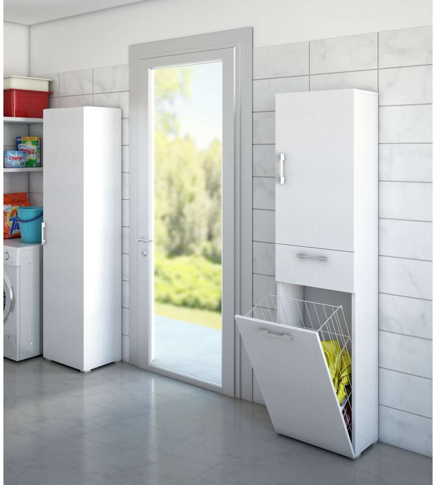 Terraneo Mobile Multiuso Bianco con Cestello Porta Biancheria 45x32x195