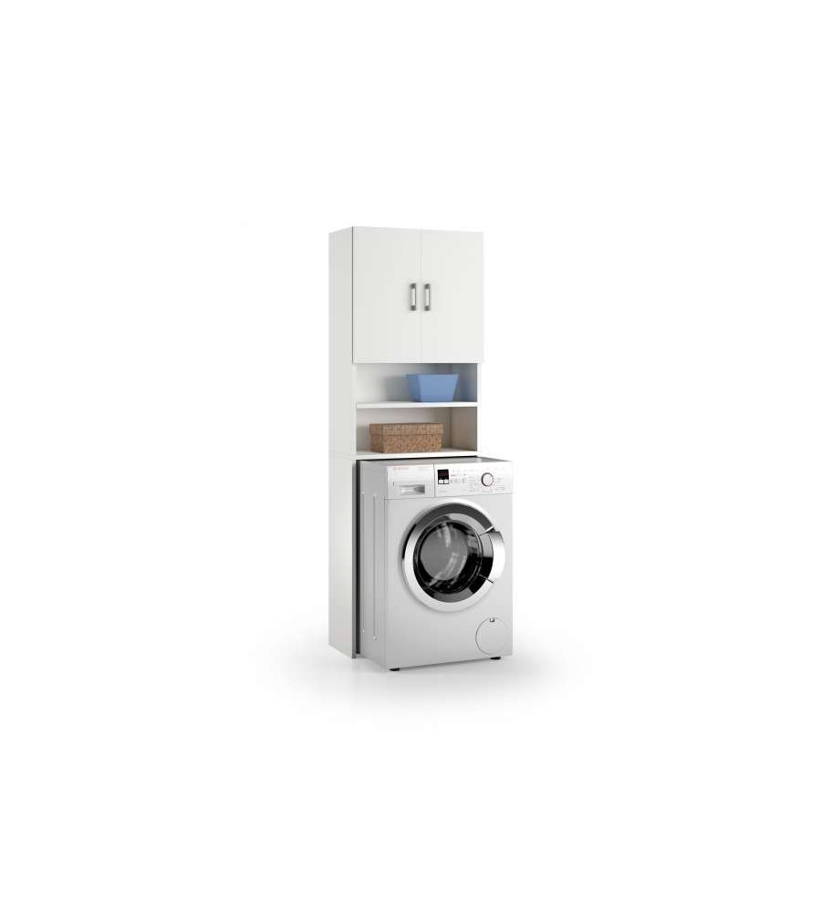 Terraneo Mobile Universale Copri Lavatrice Bianco 195x65x32 cm - Due Mensole - Ripiano Portaoggetti