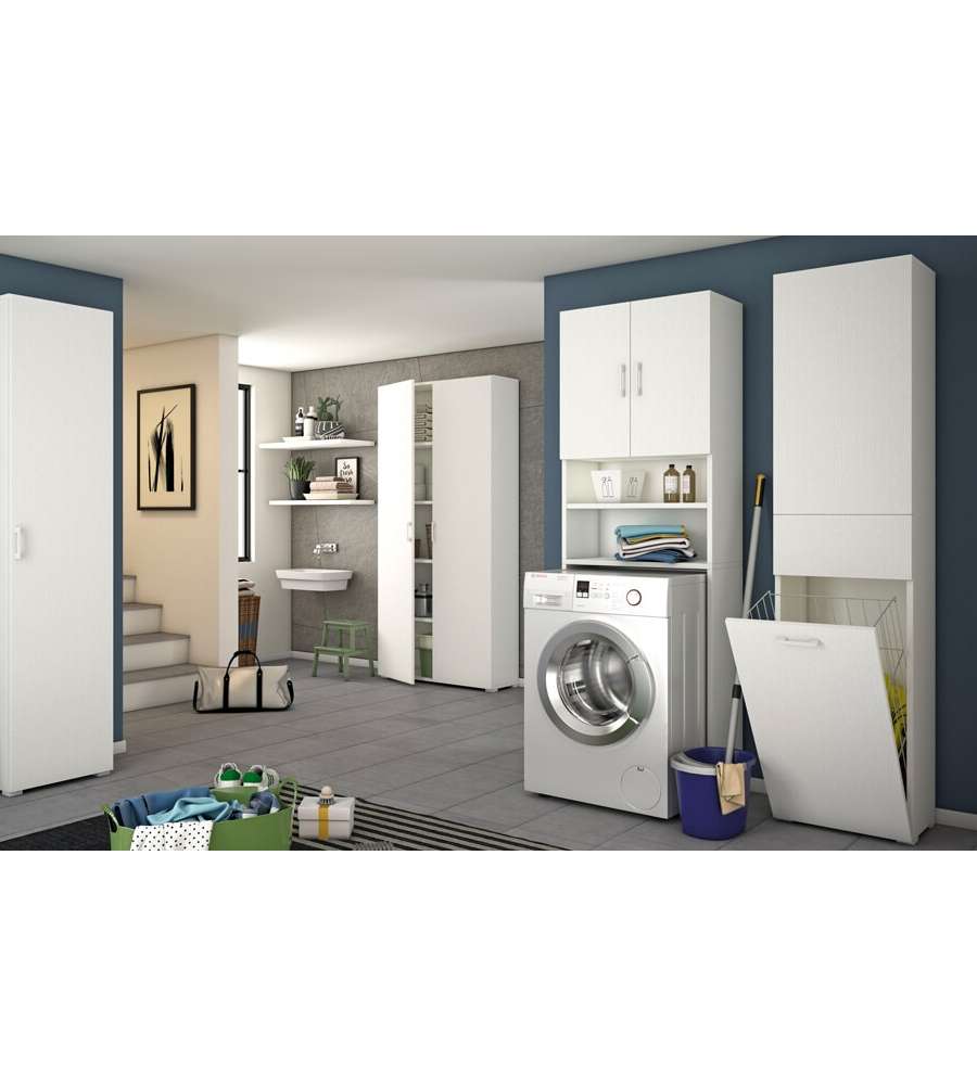 Terraneo Mobile Universale Copri Lavatrice Bianco 195x65x32 cm - Due Mensole - Ripiano Portaoggetti