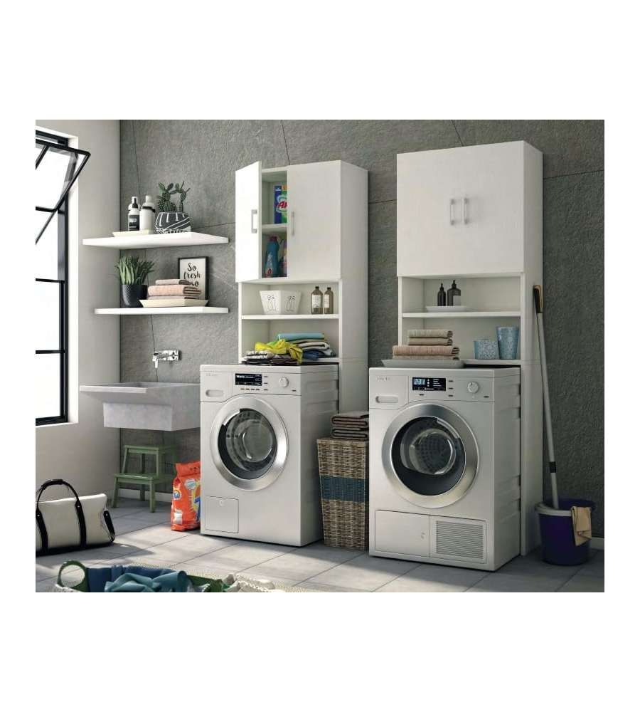 Terraneo Mobile Universale Copri Lavatrice Bianco 195x65x32 cm - Due Mensole - Ripiano Portaoggetti
