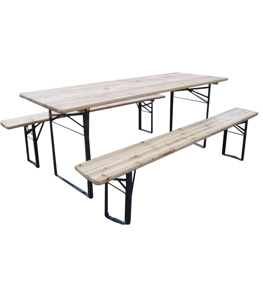 Set Birreria in Legno Naturale con Panche - 220x70 cm