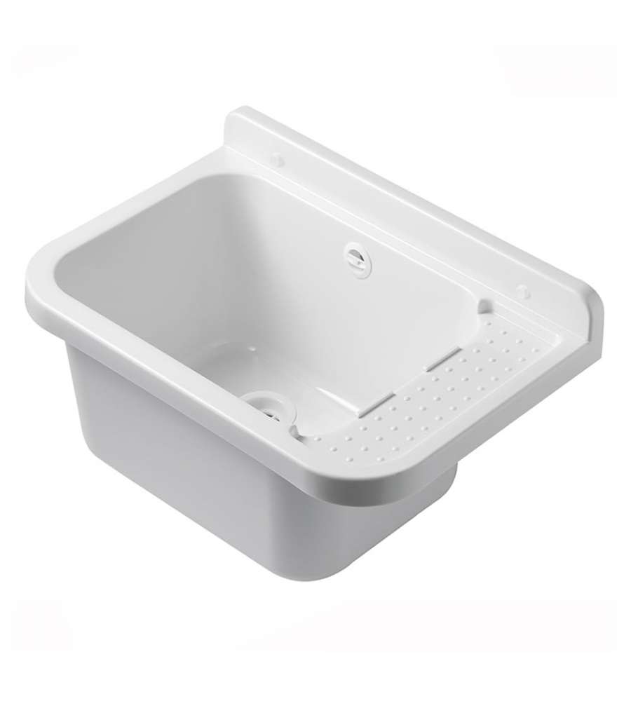 Lavandino Pilozzo Bianco 50x35 cm - Lavabo in Resina Antiurto - Completo di Sifone e Kit di Fissaggio
