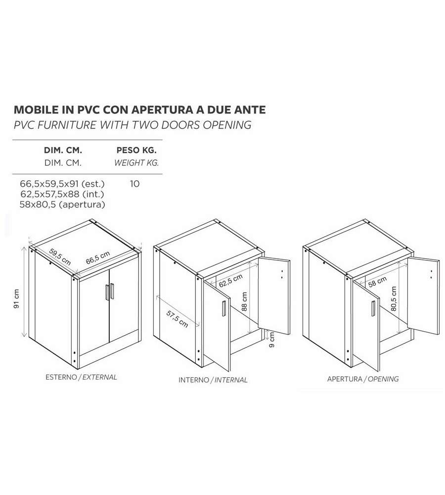 Mobile Coprilavatrice Bianco in PVC - 66,5 x 59,5 x 91 h cm - Struttura Resistente per Interni ed Esterni