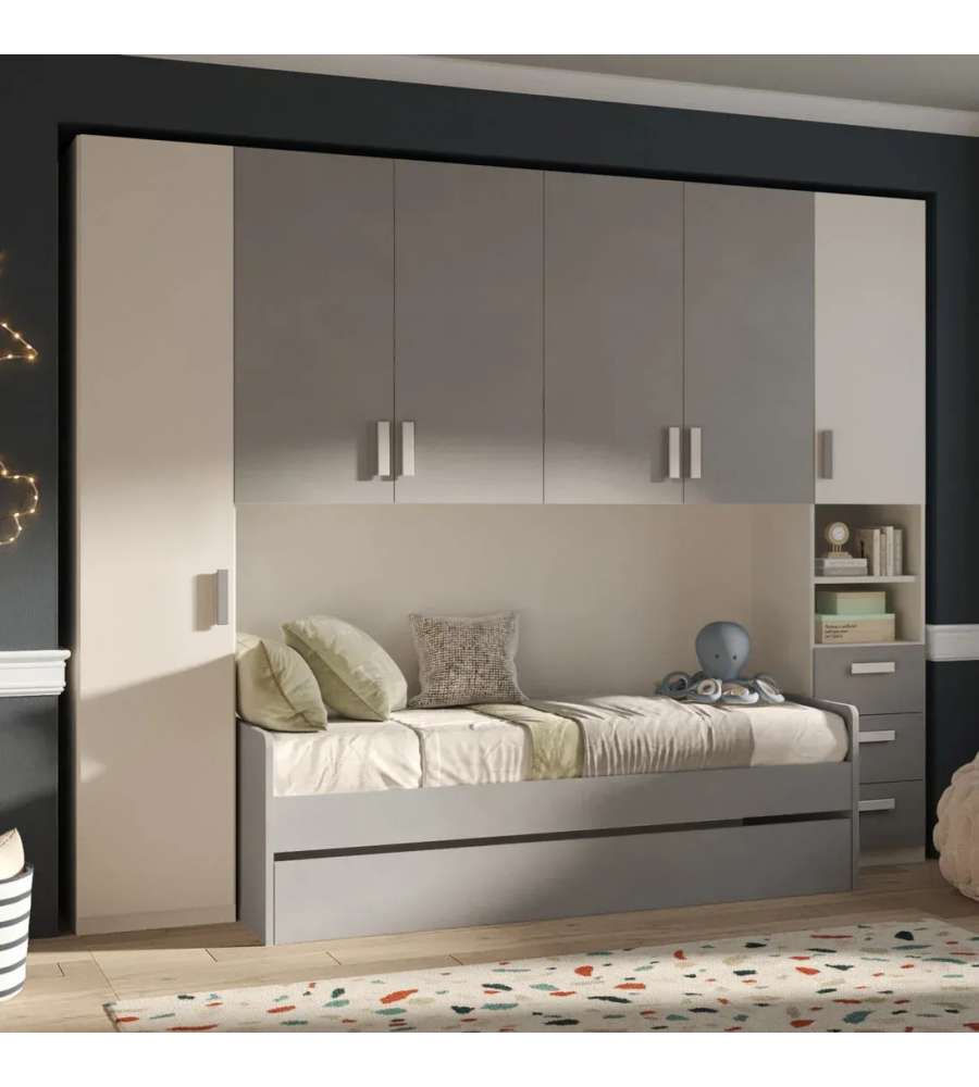 Mcs Mobili - Camera Ponte Eco Easy - Rete a Doghe - Bianco Frassinato e Grigio - Misure 287x92x245H - Camerette