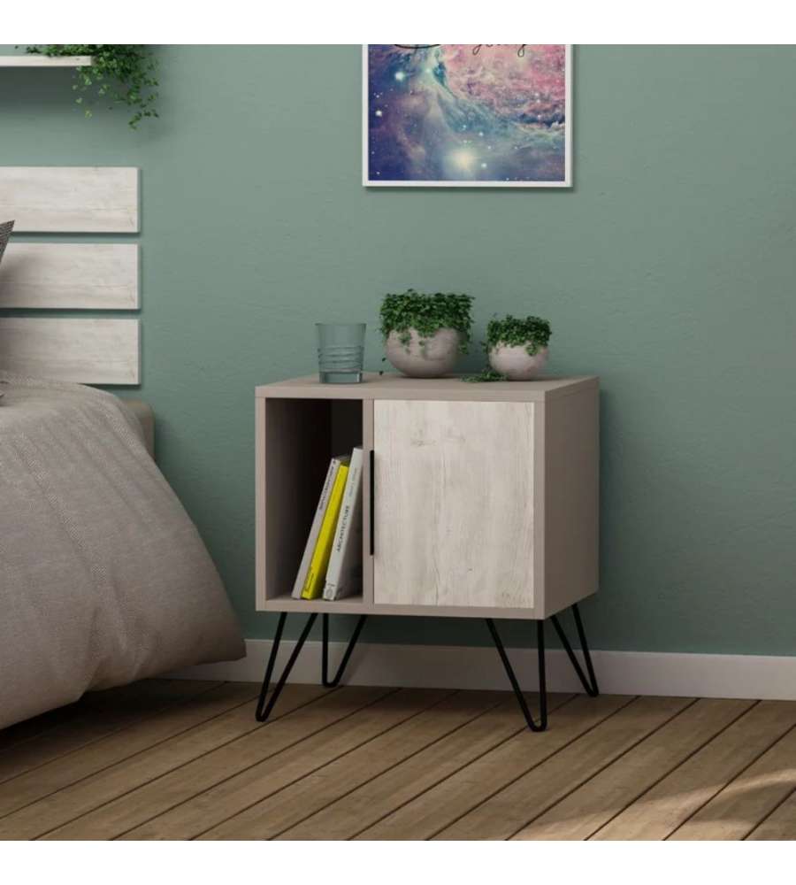 Effezeta Comodino Glynn Tortora Bianco con Anta e Vano a Giorno - 50x44x60 cm - Gambe in Metallo Nero