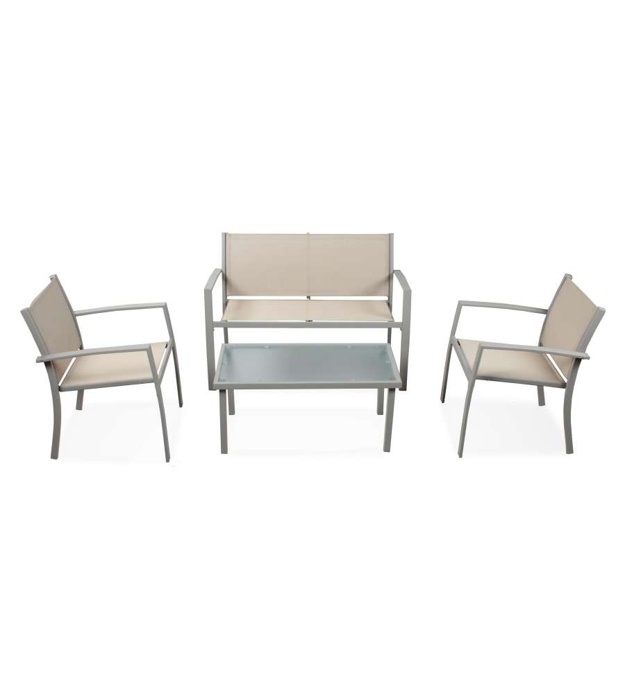 Domo Mea Set Patio in Acciaio e Texilene Taupe - Divano, Sedie e Tavolino