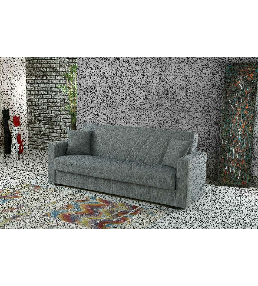 Divano Letto 3 Posti Grigio in Tessuto con Braccioli - Cassettone e Schienale Ribaltabile - Misure 183x105x42 cm