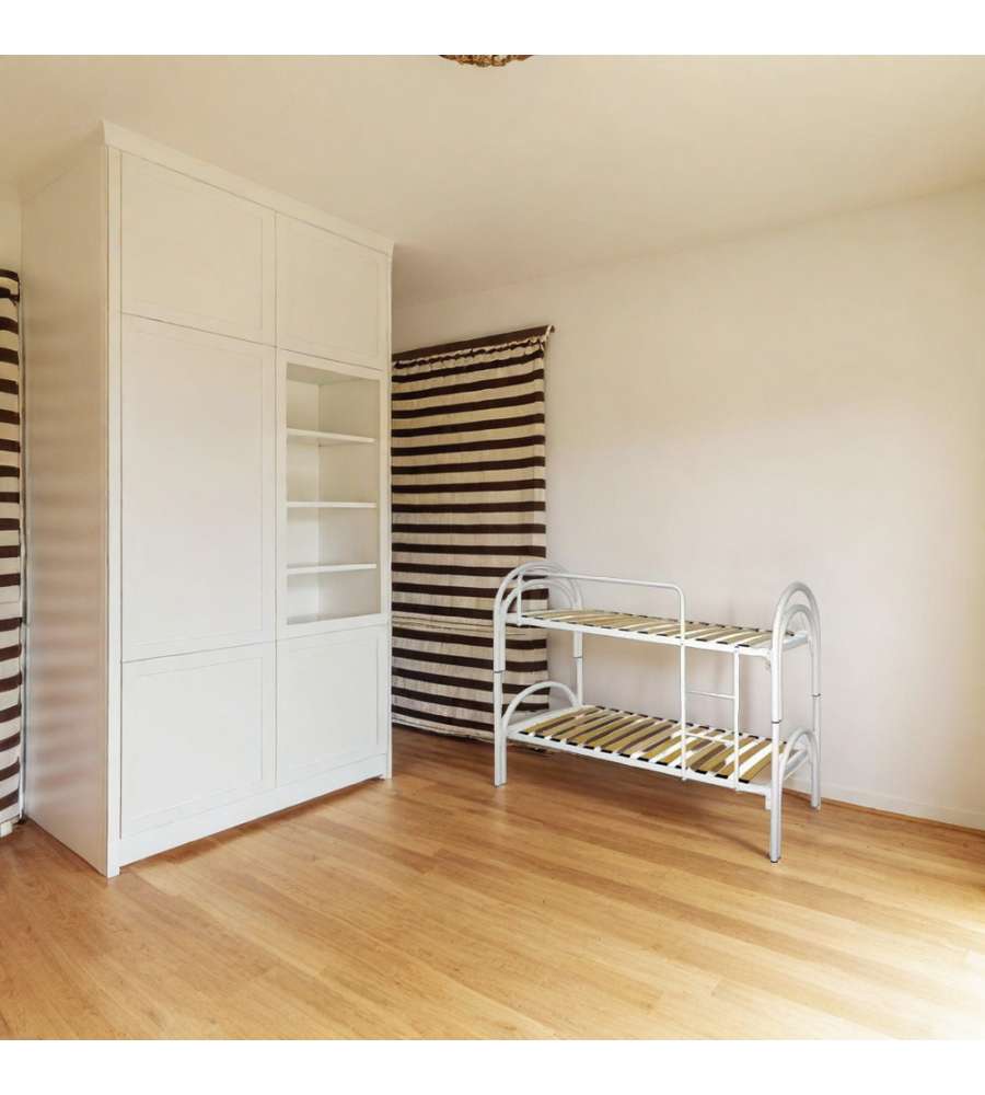 Letto a Castello Bianco con Doppio Arco e Doghe in Legno - 200x80 cm