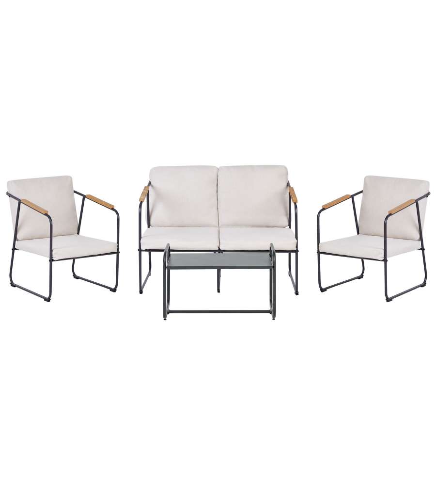 Domo Mea Salotto da Giardino Milos in Ferro Nero con Cuscini Ecr - Set Completo Divanetto, Poltrone e Tavolino