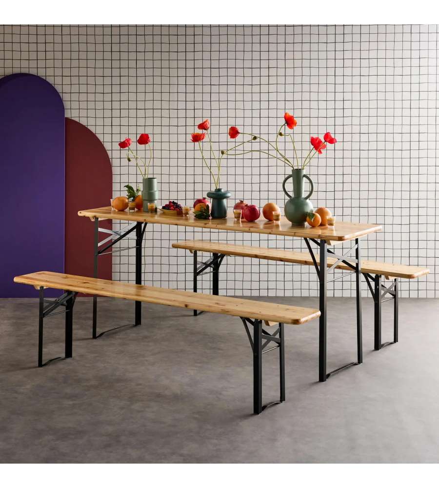 Set Birreria Tavolo e Panche in Legno Naturale - 200x60 cm