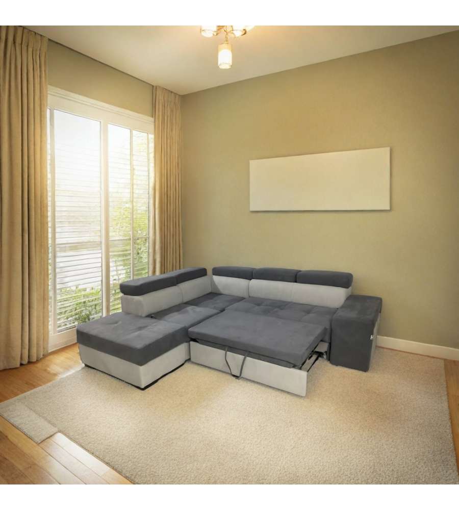 Divano letto Angolare Antonello Grigio con 2 Pouf - Contenitore