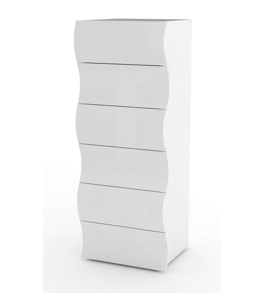 Web Furniture Settimino Moderno Onda 6 Cassetti Bianco Lucido - 121,7x50x40 cm