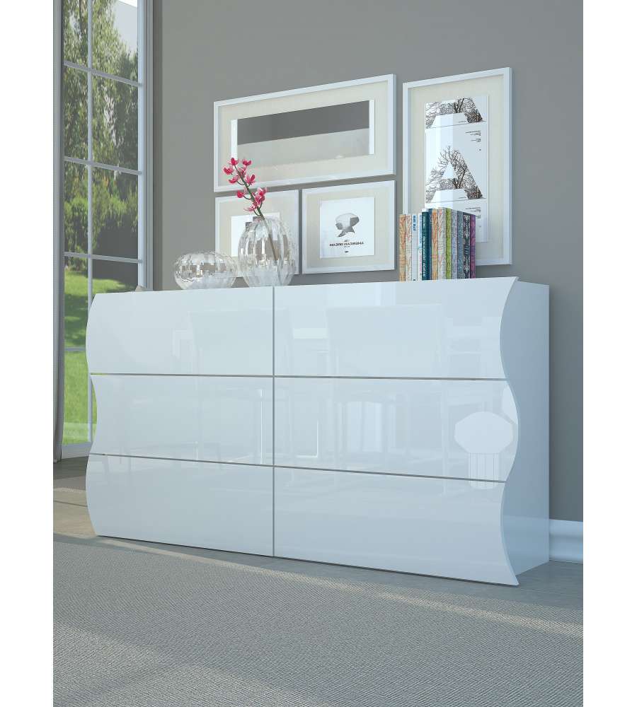 Web Furniture Com Onda 6 Cassetti Orizzontali Bianco Lucido - Design Italiano - 81,8h x 155,1L x 40P cm