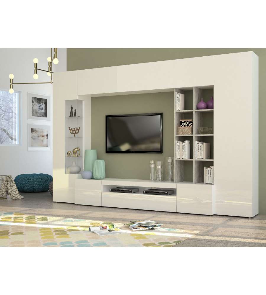Web Furniture Parete Soggiorno Egypt in Bianco Lucido e Cemento - Design Italiano