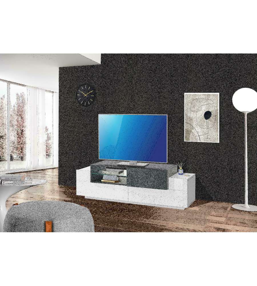 Porta Tv New Corona Moderno 2+1 Ante Battenti Ripiano Vetro Bianco Ardesia