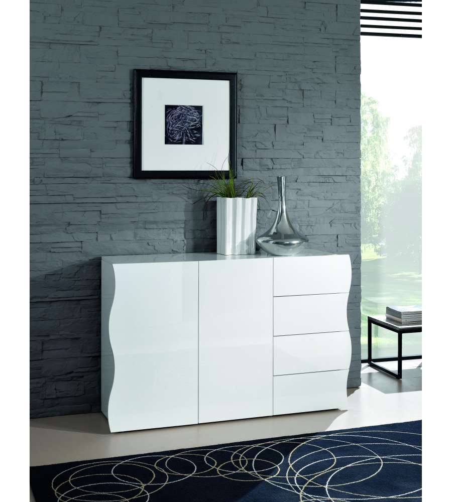 Web Furniture Mobile Onda 2 Ante 4 Cassetti Bianco Lucido 81x124 cm - Design Moderno e Funzionale - Made in Italy