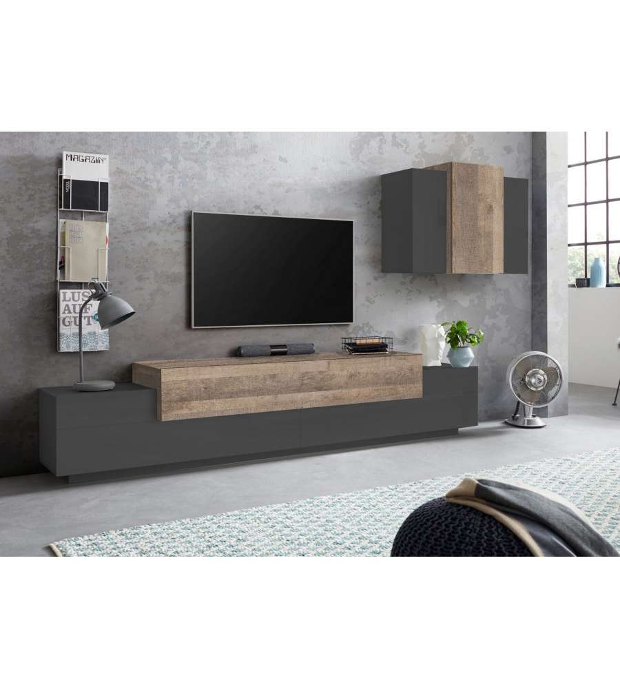 Soggiorno Corona Porta Tv + Pensile Antracite E Oak