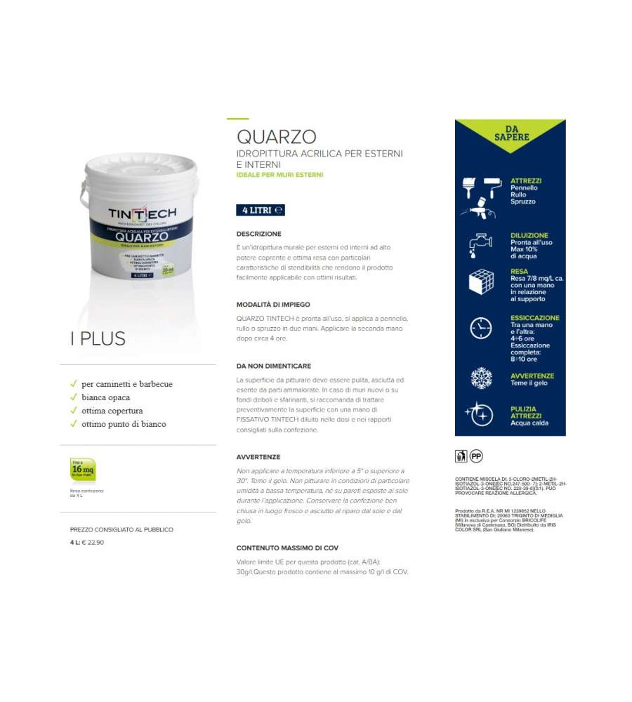 Tintech Idropittura al Quarzo per Muri Esterni Barbecue e Caminetti Bianco Opaco 4 l