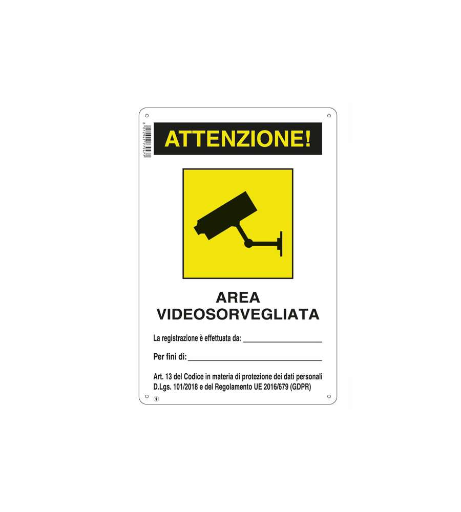 Cartello Area Videosorvegliata 20X 30 Alluminio