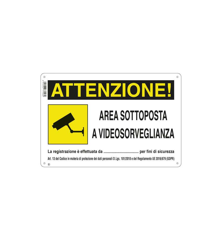 Cartello Area Videosorvegliata 30X 20 Alluminio