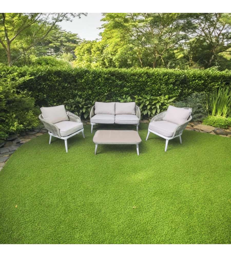 Salotto da Esterno Mariolu Bianco e Beige in Alluminio e Fune Intrecciata - 4 Pezzi con Cuscini Inclusi