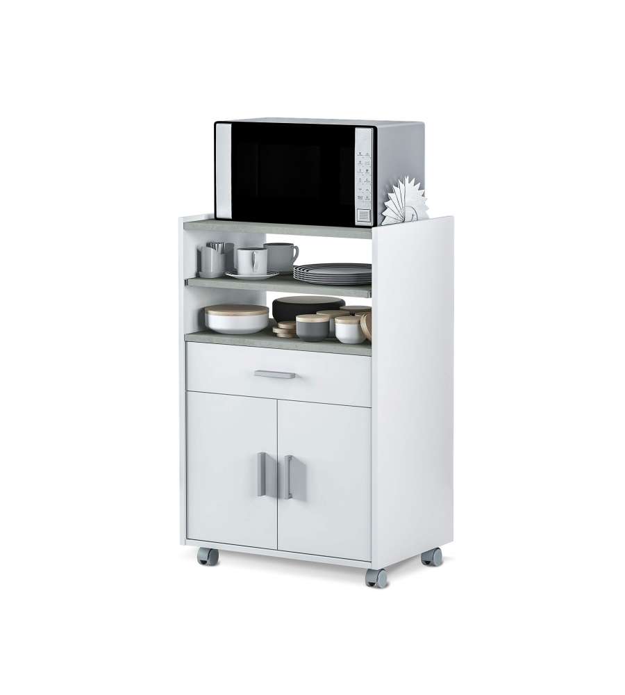 FORES Mobile Cucina Bianco e Cemento con Ruote - 1 Cassetto e 2 Ante - 59x40x92h cm - Mobile Ausiliare Pratico e Funzionale