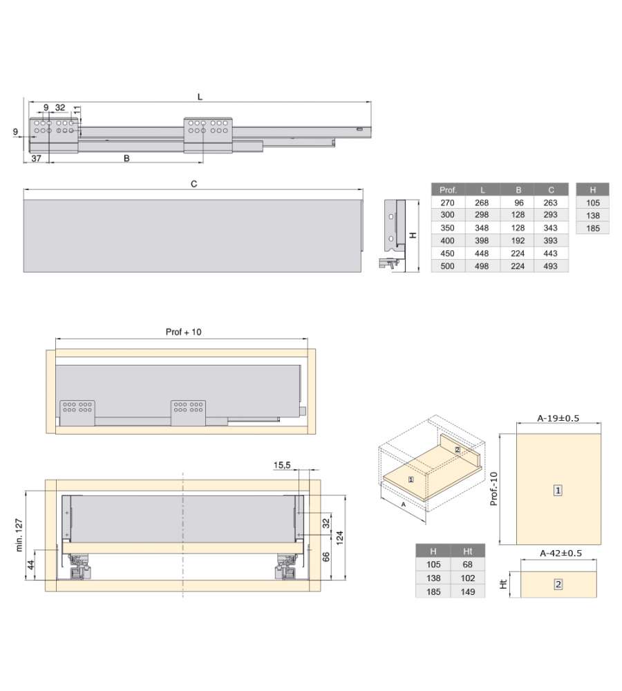 Emuca Kit cassetto per cucina Concept, altezza 105 mm, prof. 450 mm, Bianco