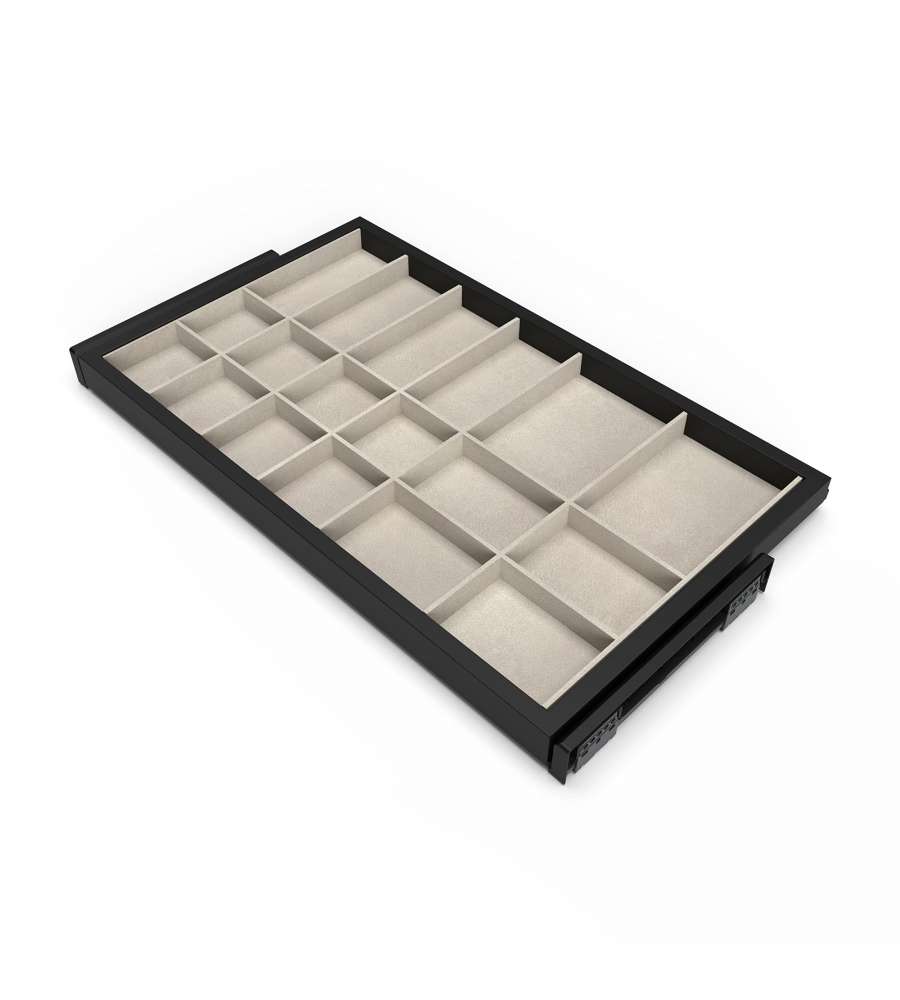 Emuca Kit Cassetto Organizzatore 800mm - Nero Testurizzato e Grigio Pietra - Soft-Close - 1 Cassetto con 18 Scomparti