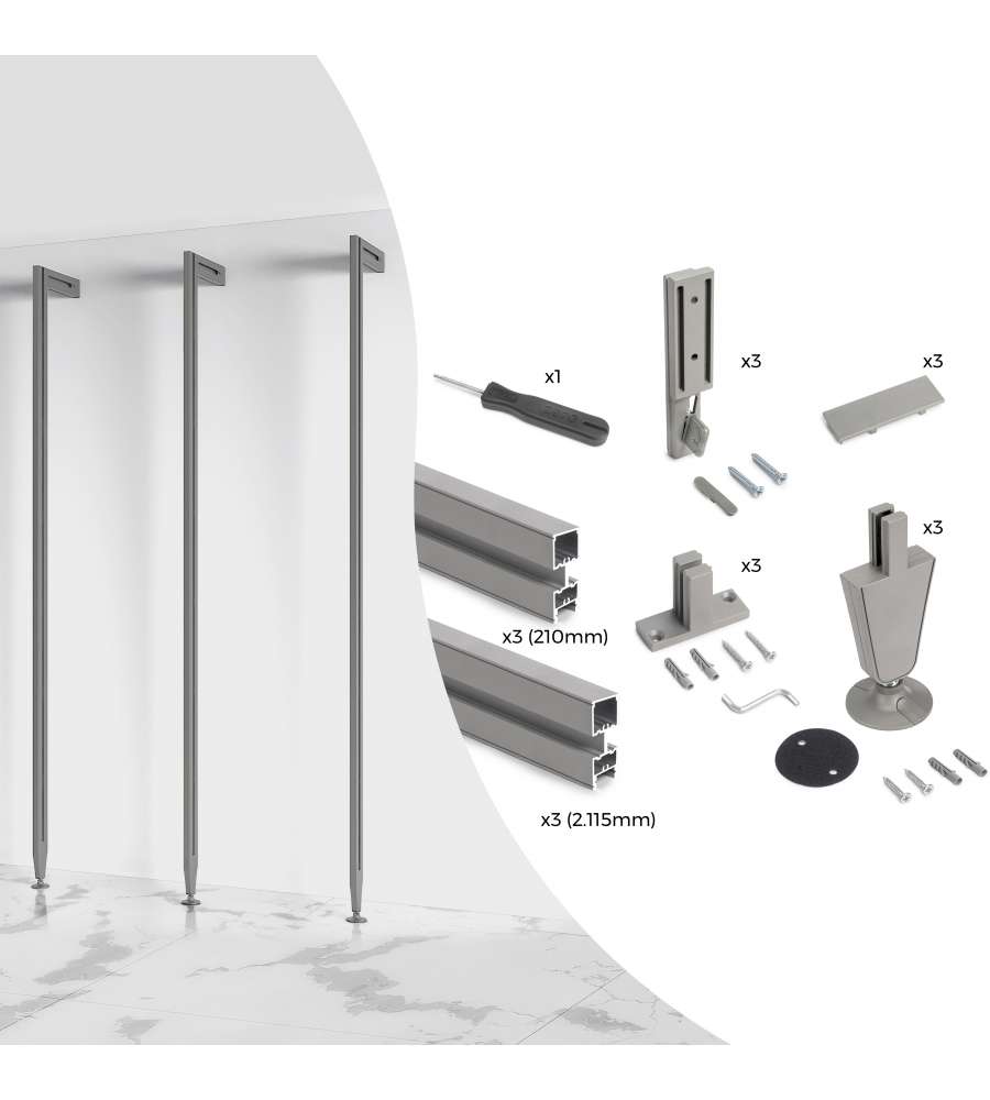 Emuca Zero Kit telaio modulare con ferramenta e 3 profili, alluminio e zama, grigio pietra