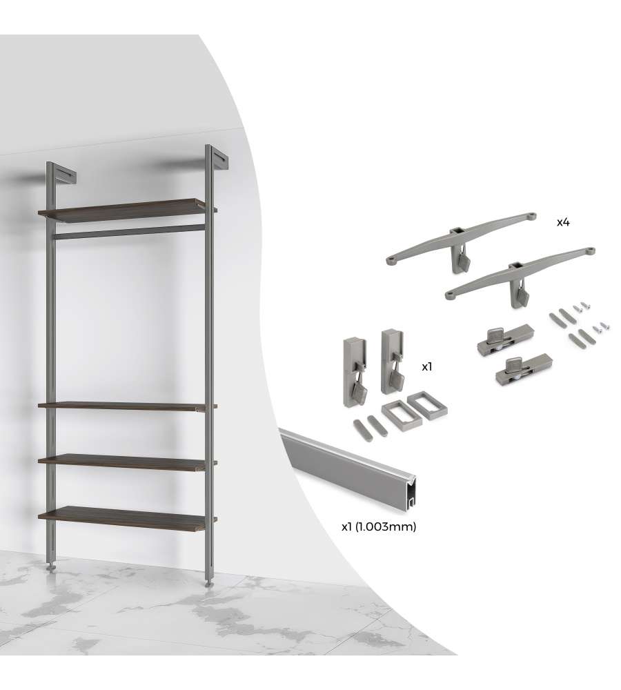 Emuca Kit di supporto per 4 ripiani in legno e 1 barra di sospensione da 1 m, verniciato grigio pietra, alluminio e zama e plastica