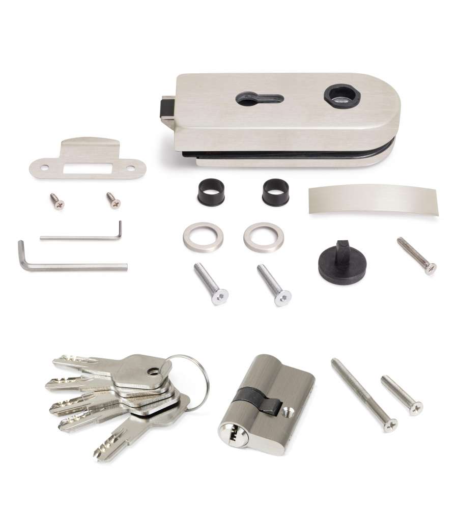 Emuca Serratura per porta in vetro con telaio in legno, Cilindro con chiavi, per porta in vetro 8-12mm, acciaio inox, finitura inox 1 UN