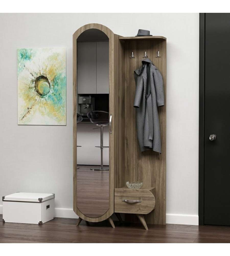 Effezeta Ingresso Kerry Noce - Mobili Ingresso con Anta a Specchio e Cassetto - Misure 80x35x180 cm - 3 Ganci Appendiabiti - Colonna 4 Ripiani - Mensola Cappelliera